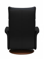 Vue arrière de la chaise inclinable Eva TOCO Meubles en cuir noir avec base pivotante en bois sur fond blanc
