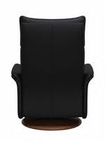 Vue arrière de la chaise inclinable Eva TOCO Meubles en cuir noir avec base pivotante en bois sur fond blanc