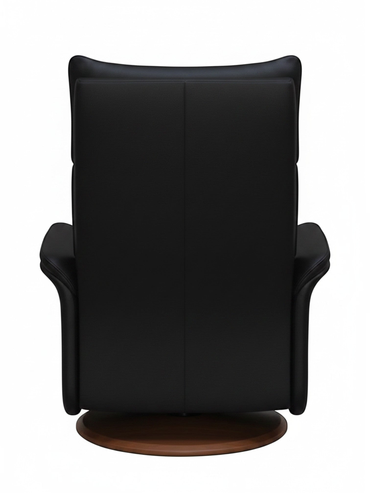 Vue arrière de la chaise inclinable Eva TOCO Meubles en cuir noir avec base pivotante en bois sur fond blanc