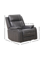 Chaise inclinable électrique TOCO Meubles Lewis en cuir gris foncé avec ports USB et dimensions indiquées