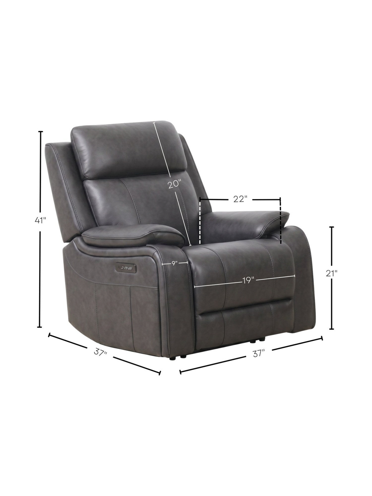 Chaise inclinable électrique TOCO Meubles Lewis en cuir gris foncé avec ports USB et dimensions indiquées