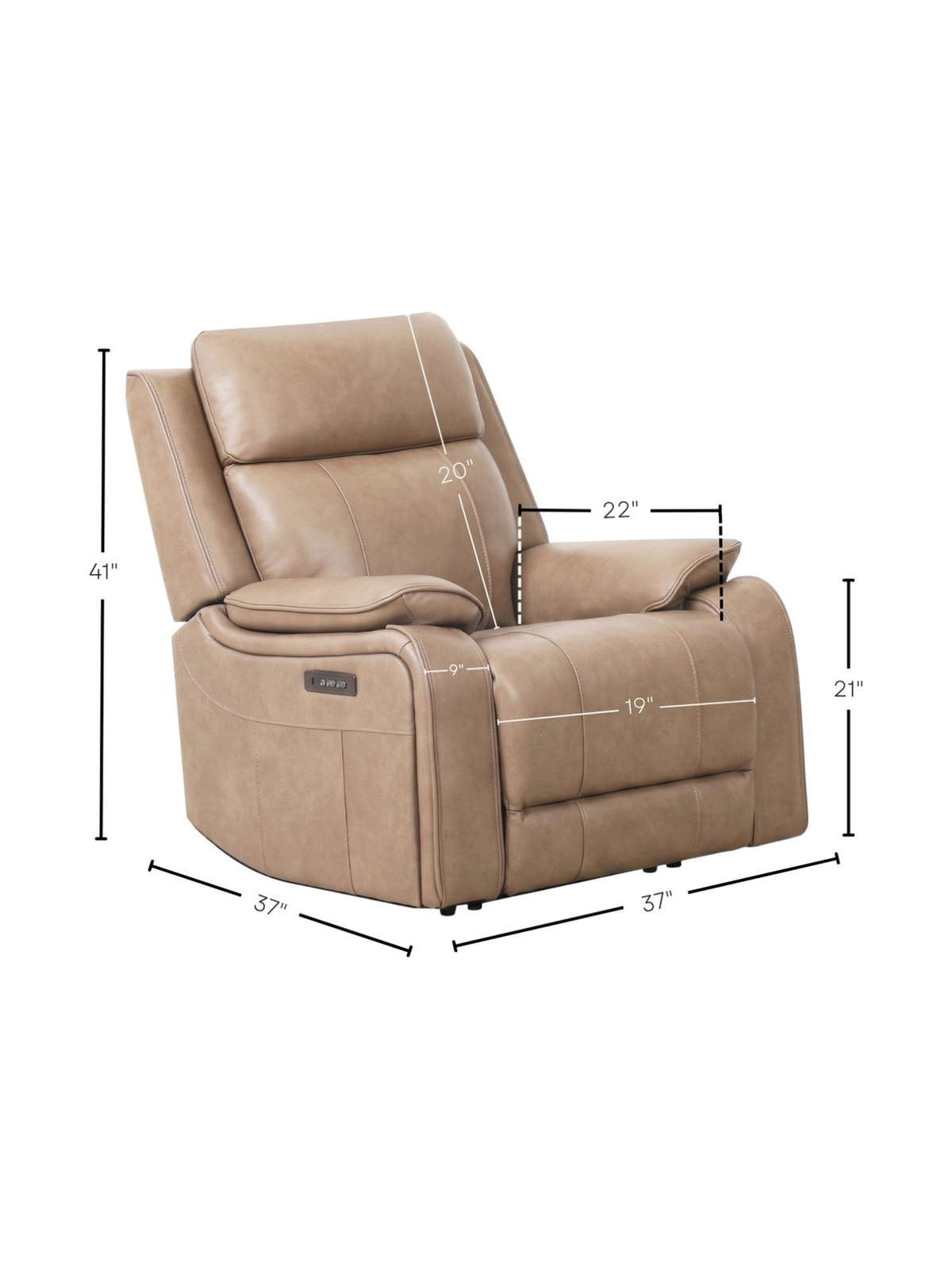 Chaise inclinable électrique TOCO Meubles Lewis en cuir taupe avec ports USB et dimensions détaillées