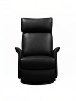 Chaise inclinable Eva en cuir noir par TOCO Meubles avec base pivotante en bois et design ergonomique.