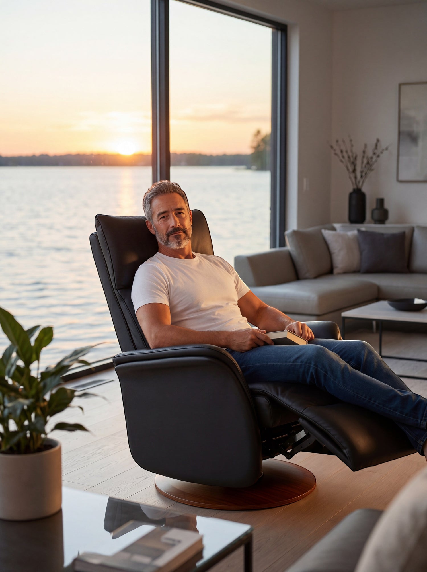 Homme assis dans une chaise inclinable noire TOCO Meubles en cuir, design moderne avec base en bois près d'un lac.