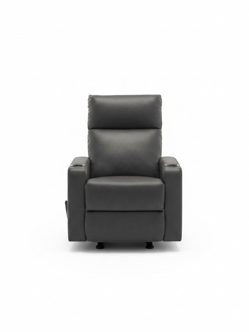 Chaise inclinable Maxima de TOCO Meubles en cuir gris avec porte-gobelets intégrés vue de face