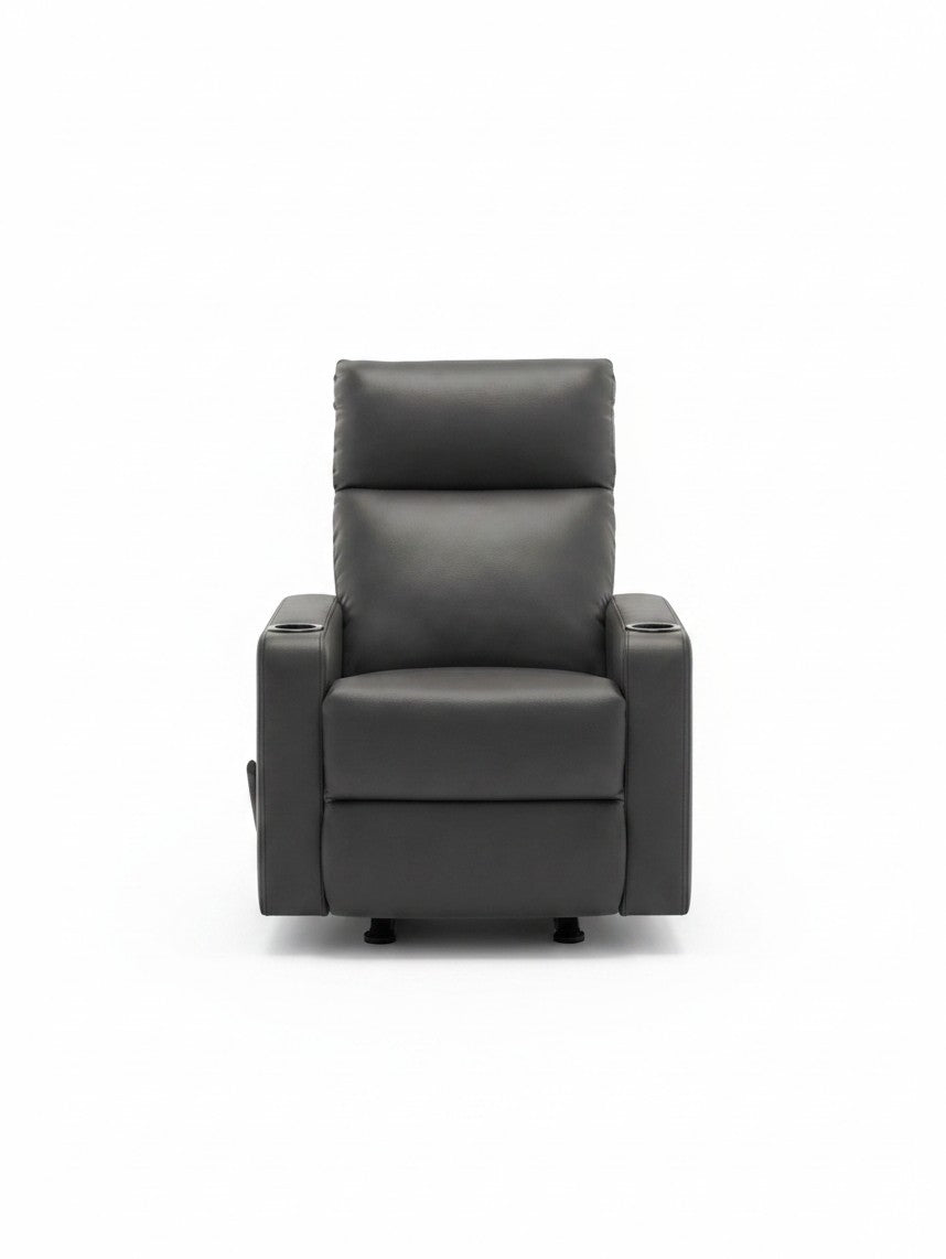 Chaise inclinable Maxima de TOCO Meubles en cuir gris avec porte-gobelets intégrés vue de face