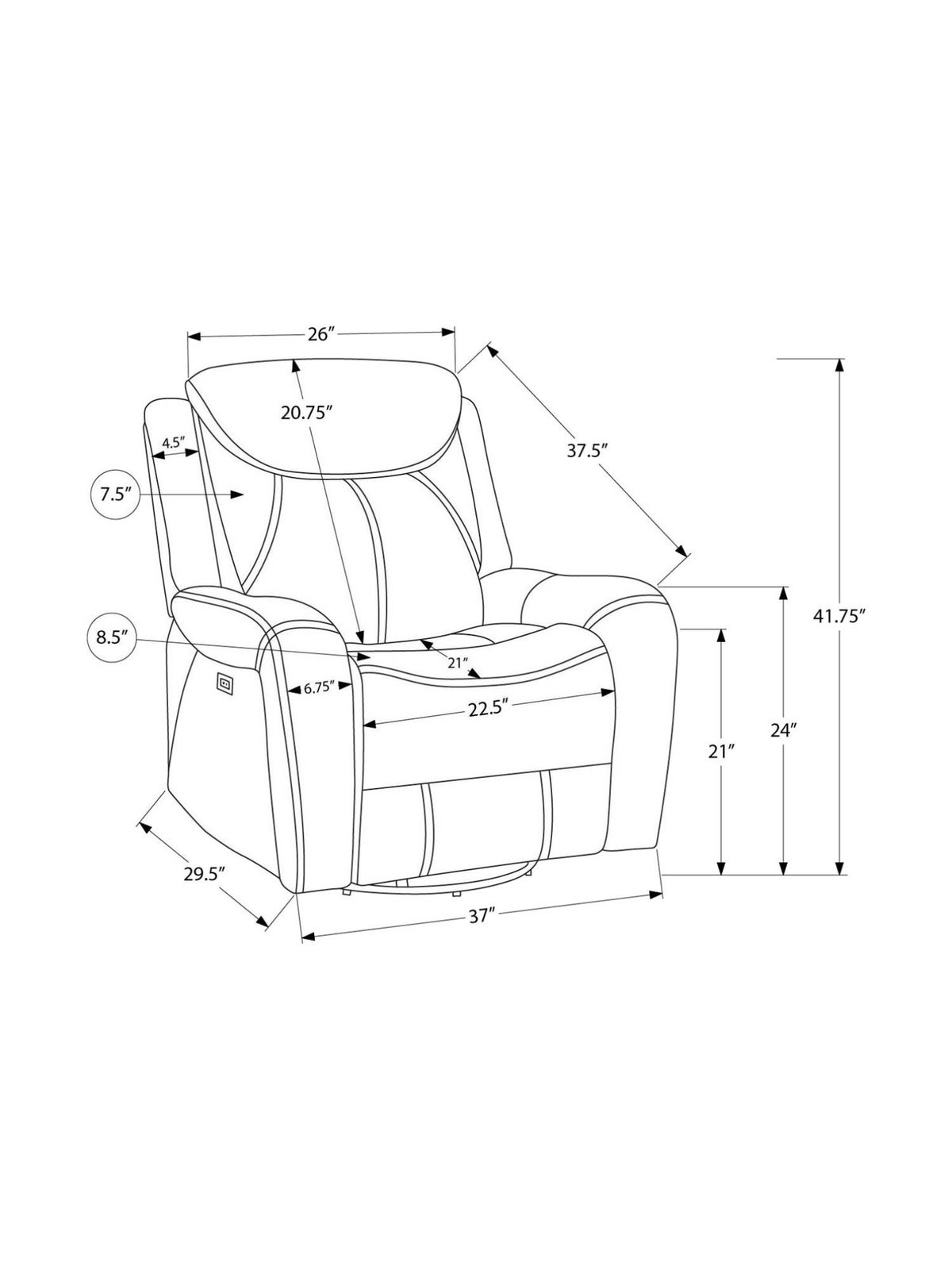 Schéma technique avec dimensions détaillées de la chaise inclinable Jackson de TOCO Meubles en similicuir brun