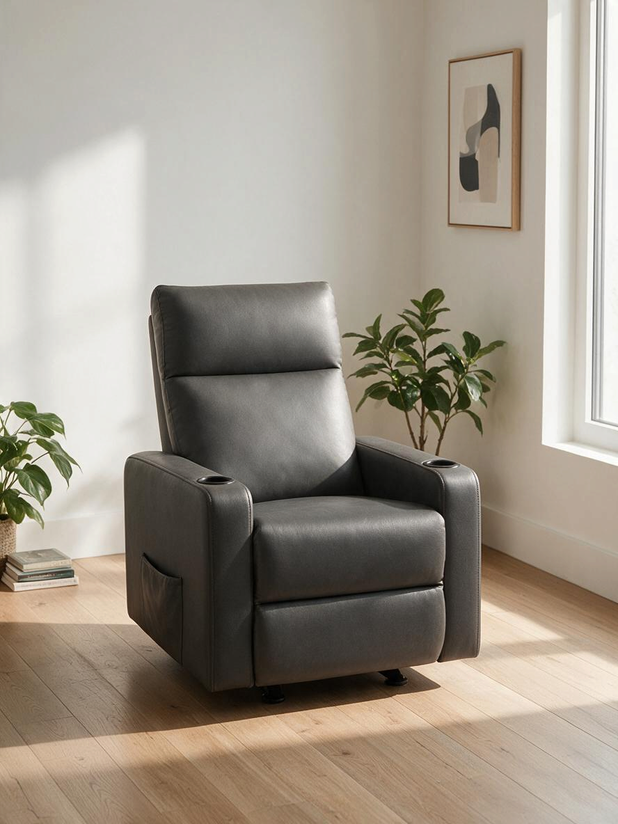Chaise inclinable Maxima de TOCO Meubles en similicuir gris avec porte-gobelets dans un salon lumineux