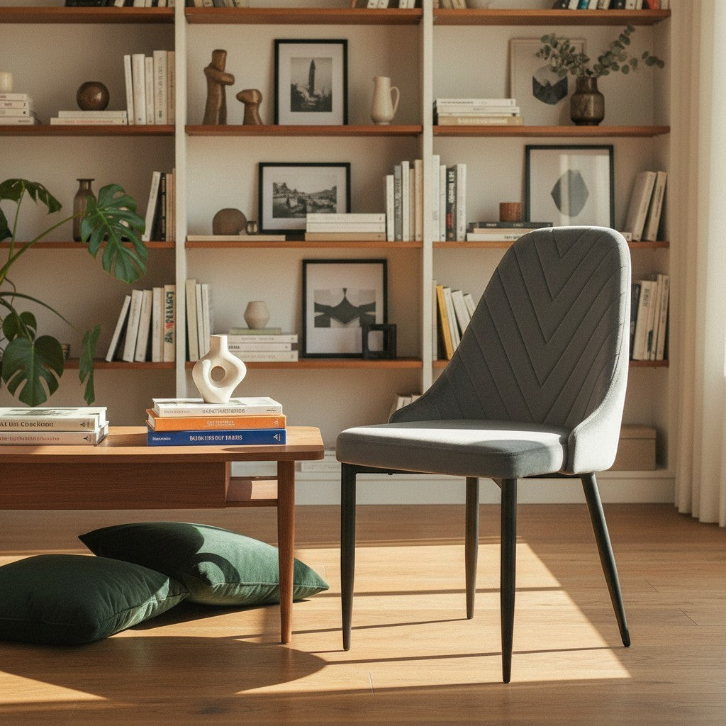 Chaise de salle à manger Jenny TOCO Meubles en velours gris foncé avec coutures en chevrons et pieds en acier noir.