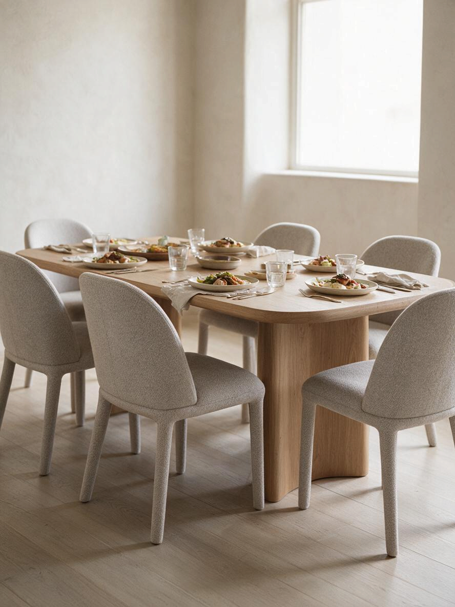 Chaise de salle à manger Kira par TOCO Meubles en tissu beige texturé avec dossier courbé autour d'une table en bois