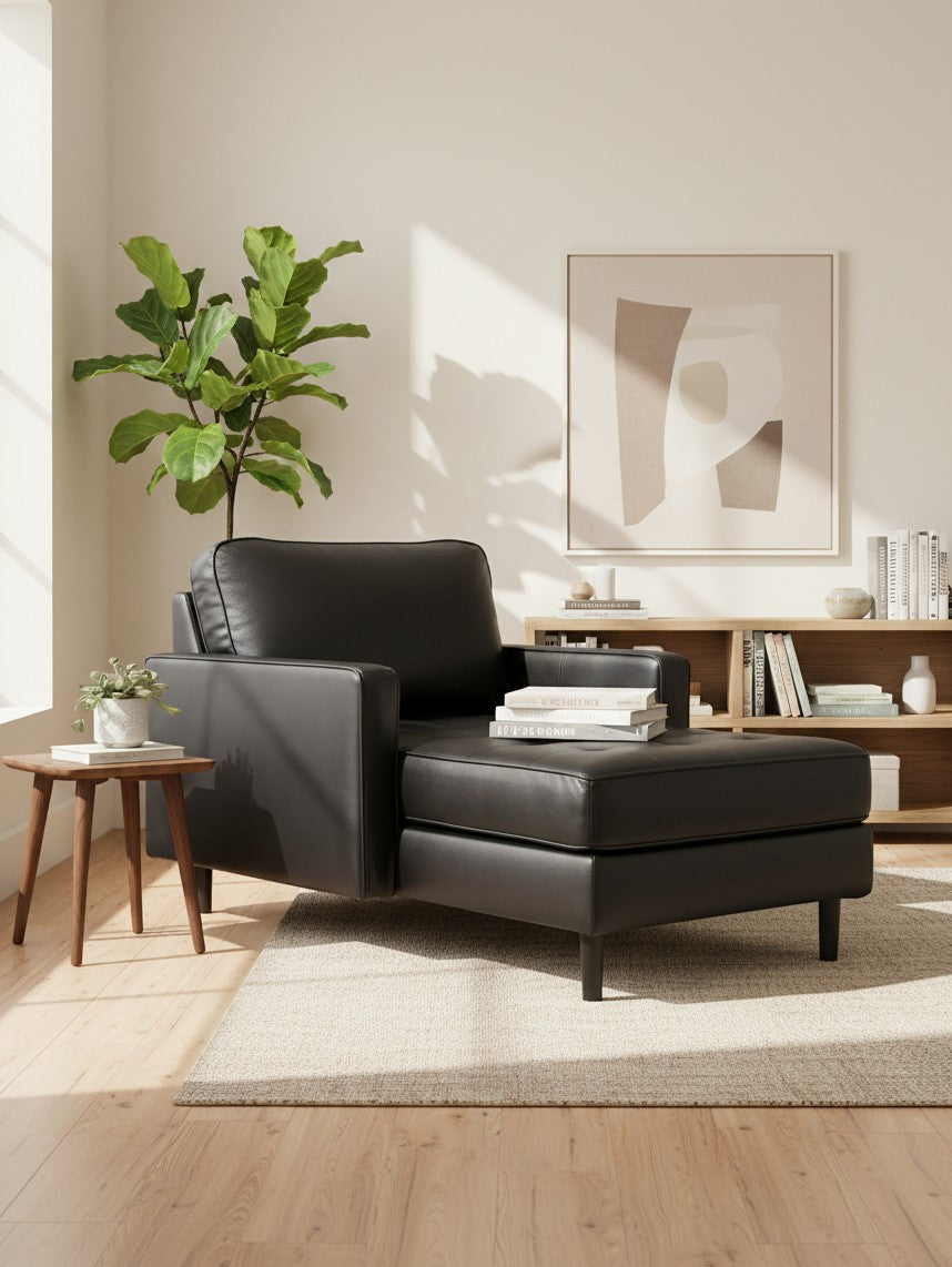 Chaise longue Bryce de TOCO Meubles en cuir noir élégant dans un salon moderne et lumineux