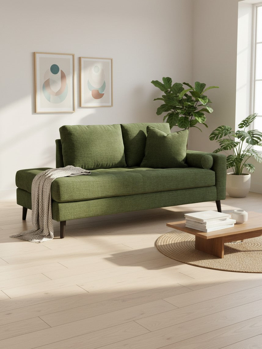 Chaise longue en coin Bixo de TOCO Meubles en tissu vert avec coussins dans un salon lumineux et moderne