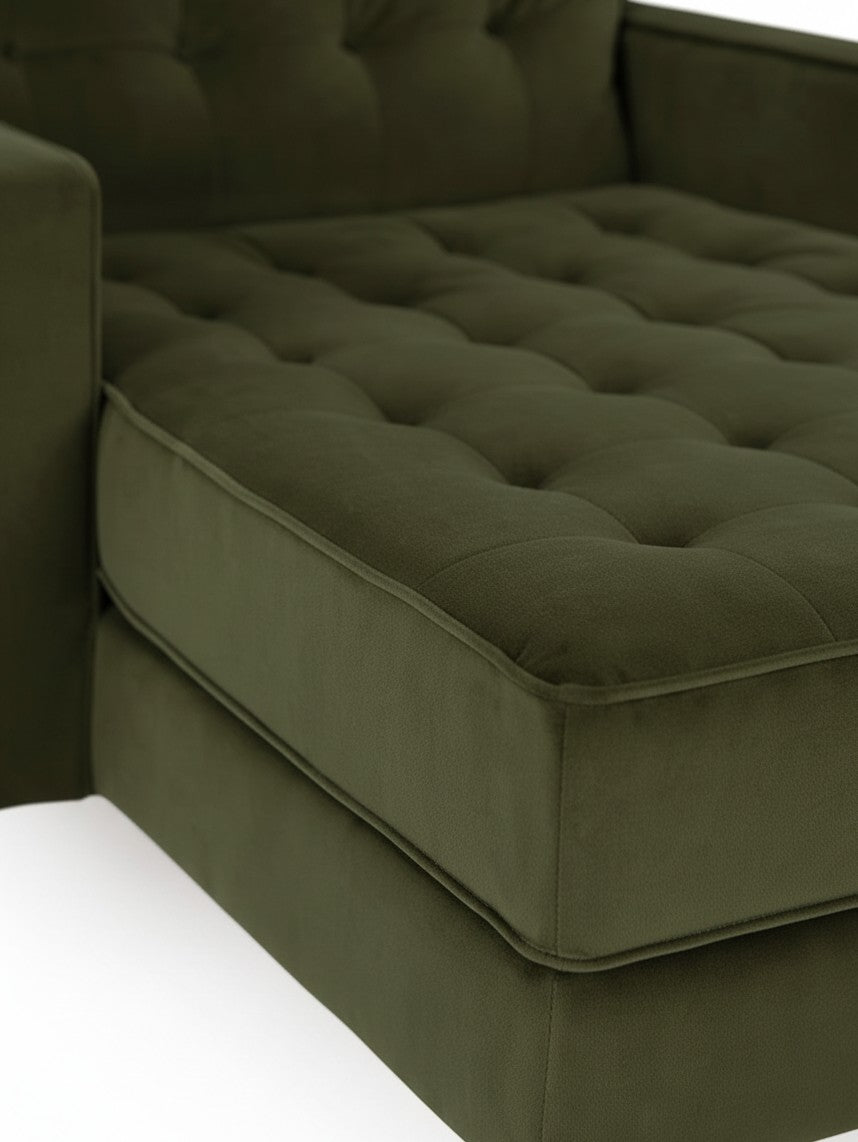 Chaise longue TOCO Meubles Revo en velours vert olive avec finition capitonnée élégante