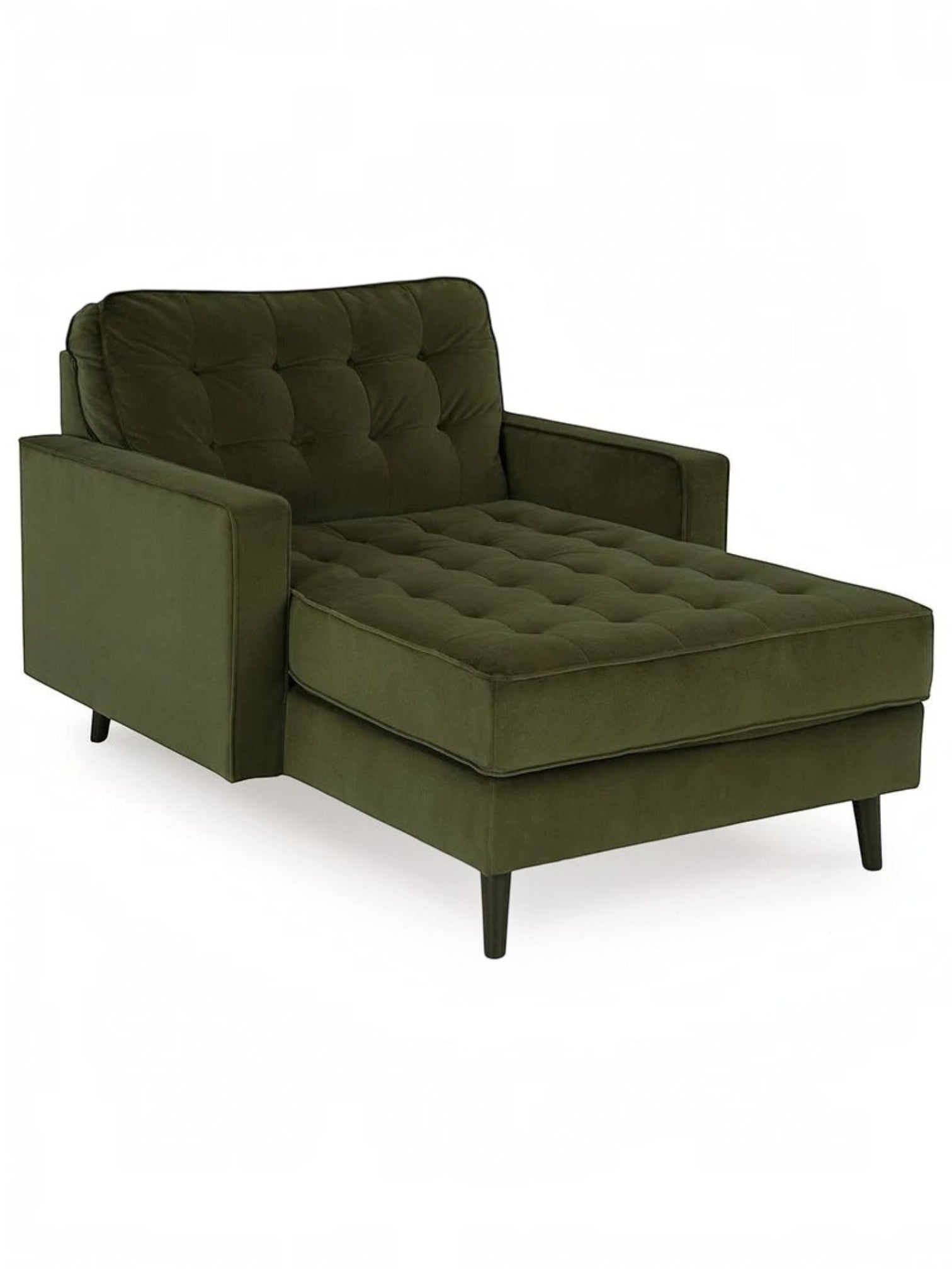 Chaise longue TOCO Meubles Revo en velours vert olive avec finition capitonnée et pieds en bois foncé