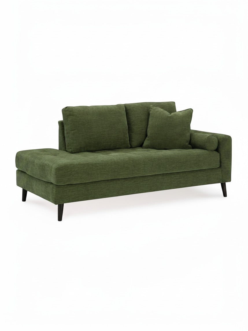 Chaise longue en coin Bixo de TOCO Meubles en tissu vert texturé avec coussins et pieds noirs élégants