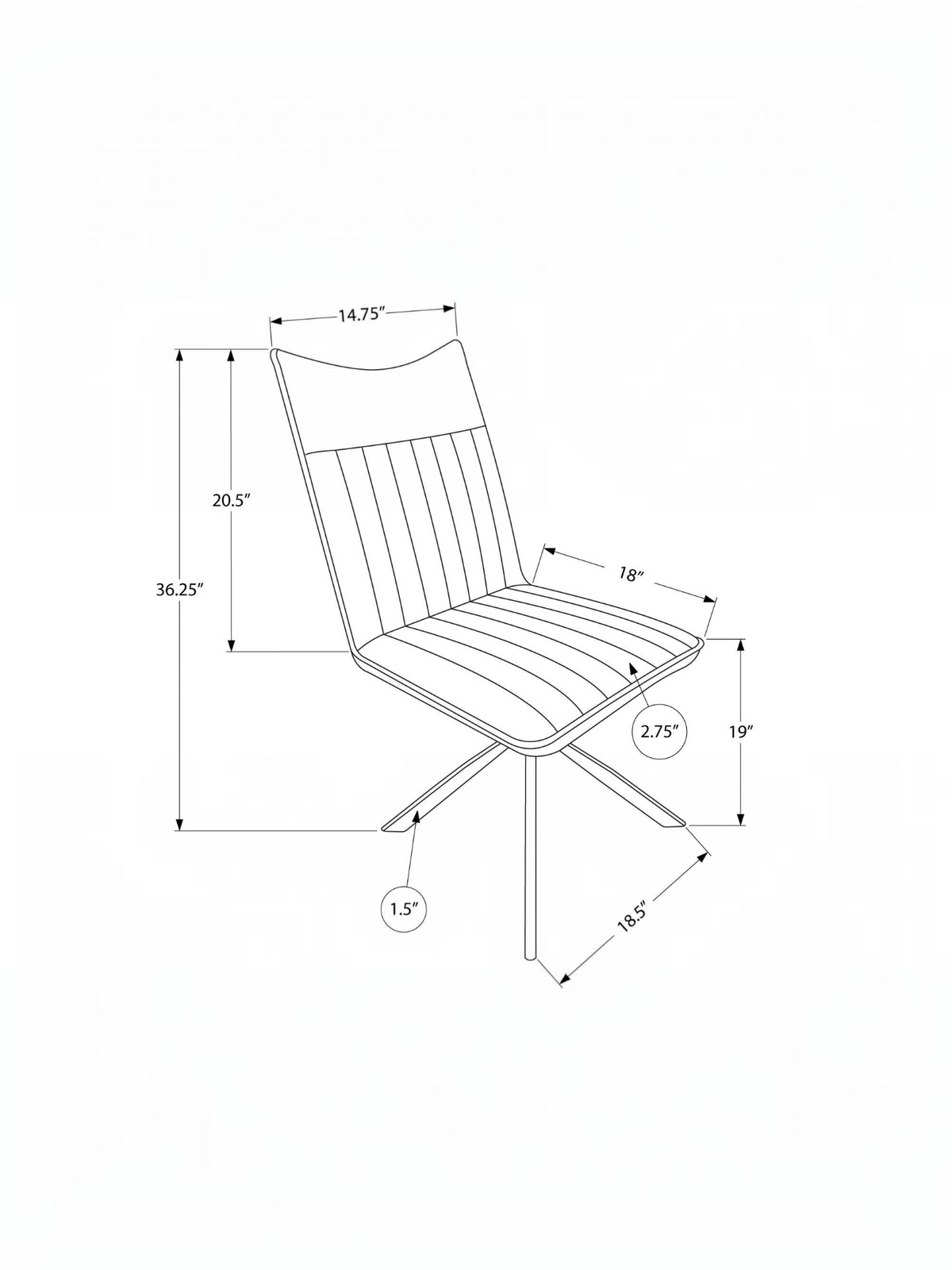 Schéma technique avec dimensions de la chaise Marika de TOCO Meubles montrant le design à pattes croisées