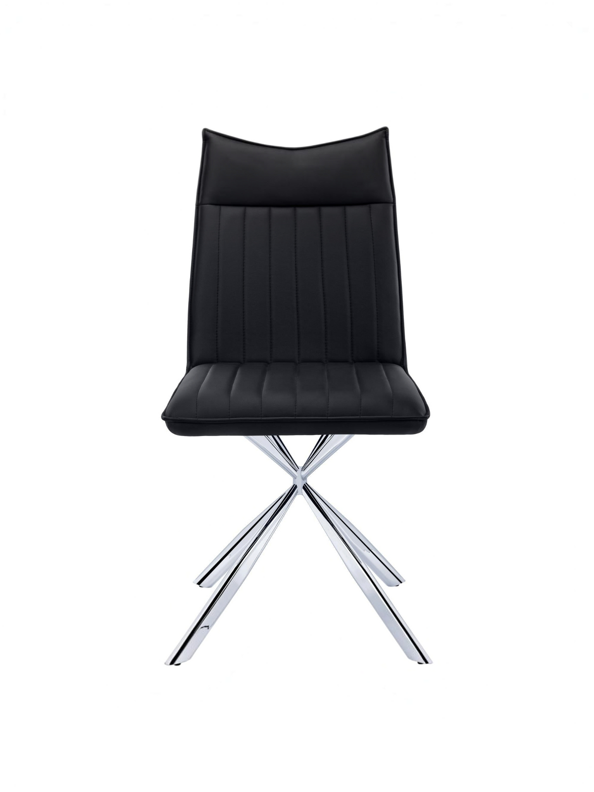Chaise Marika TOCO Meubles noire en similicuir avec capitonnage vertical et base en métal chromé en forme d'étoile