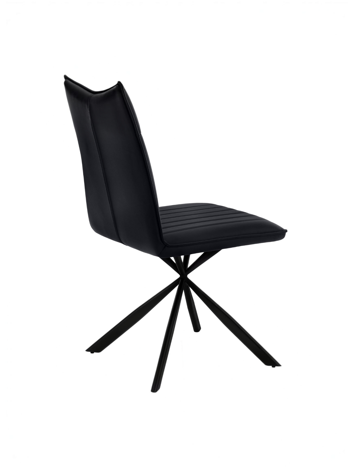 Chaise Marika TOCO Meubles en similicuir noir avec capitonnage vertical et pieds en métal noir en forme d'étoile
