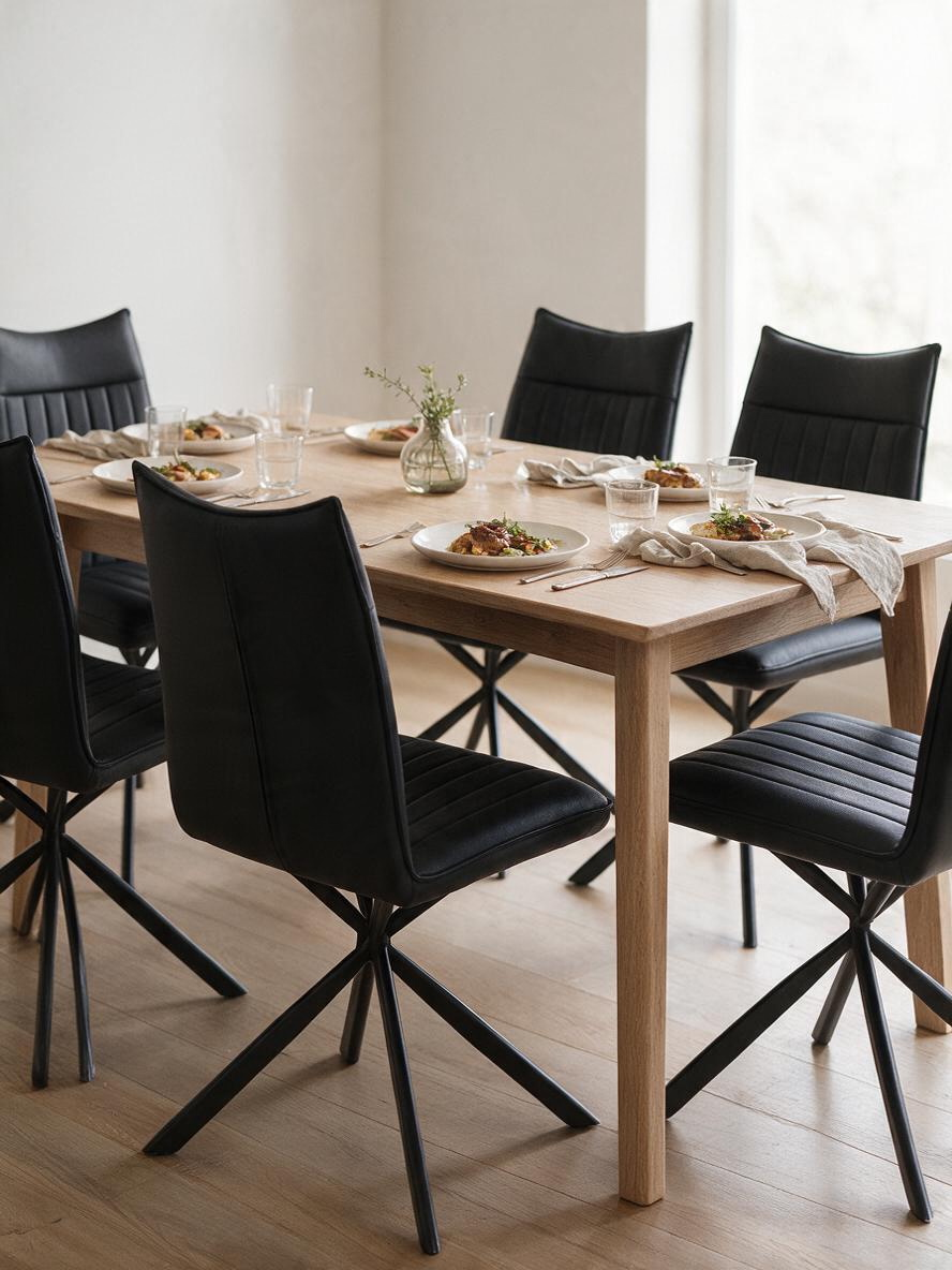Chaises de salle à manger TOCO Meubles Marika noires en similicuir avec capitonnage vertical et pieds en métal croisés