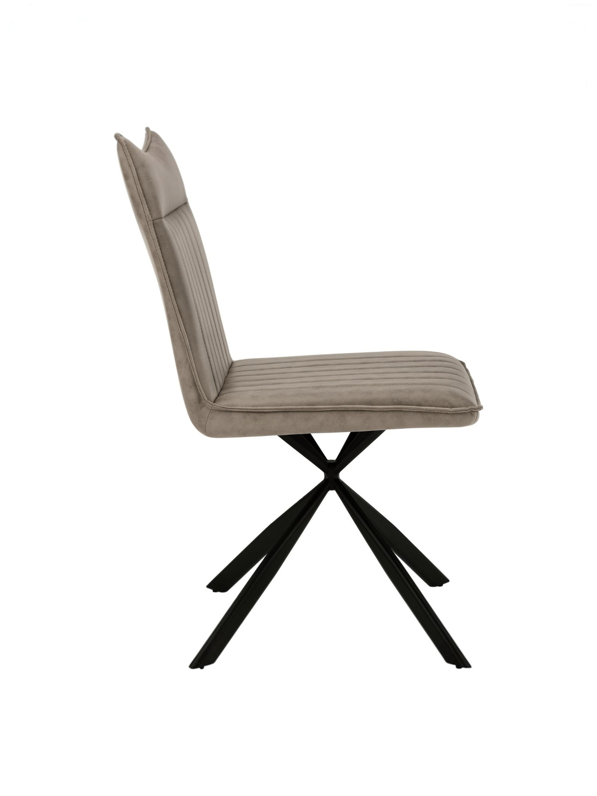 Chaise Marika TOCO Meubles taupe avec capitonnage vertical et pieds en métal noir croisés en étoile, vue de profil