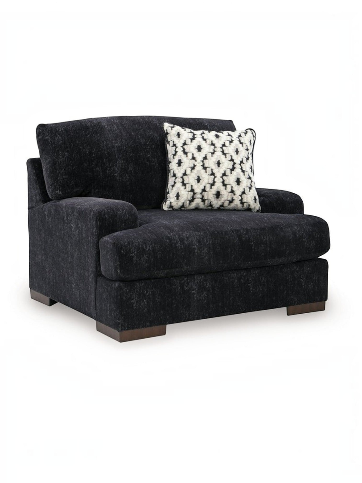 Chaise Mistral TOCO Meubles large et confortable en tissu noir texturé avec un coussin décoratif à motifs géométriques