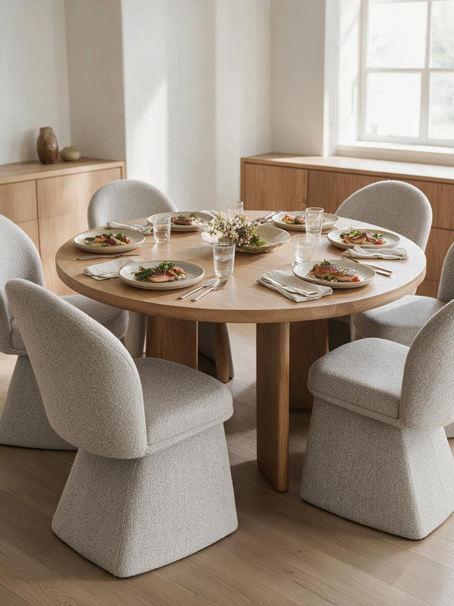 Chaise de salle à manger Noella beige en tissu bouclé par TOCO Meubles autour d'une table ronde en bois clair