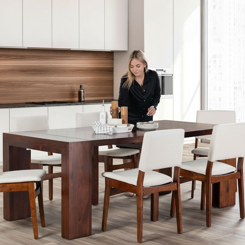 Chaises Transformer Table en noyer américain par TOCO Meubles, assise et dossier blancs, pieds en bois foncé, design moderne et élégant.