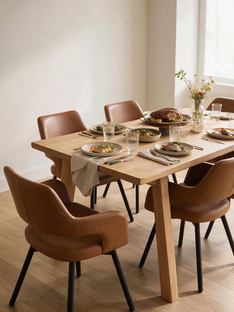 Chaises de salle à manger Rody TOCO Meubles en similicuir cognac avec pieds en métal noir autour d'une table en bois