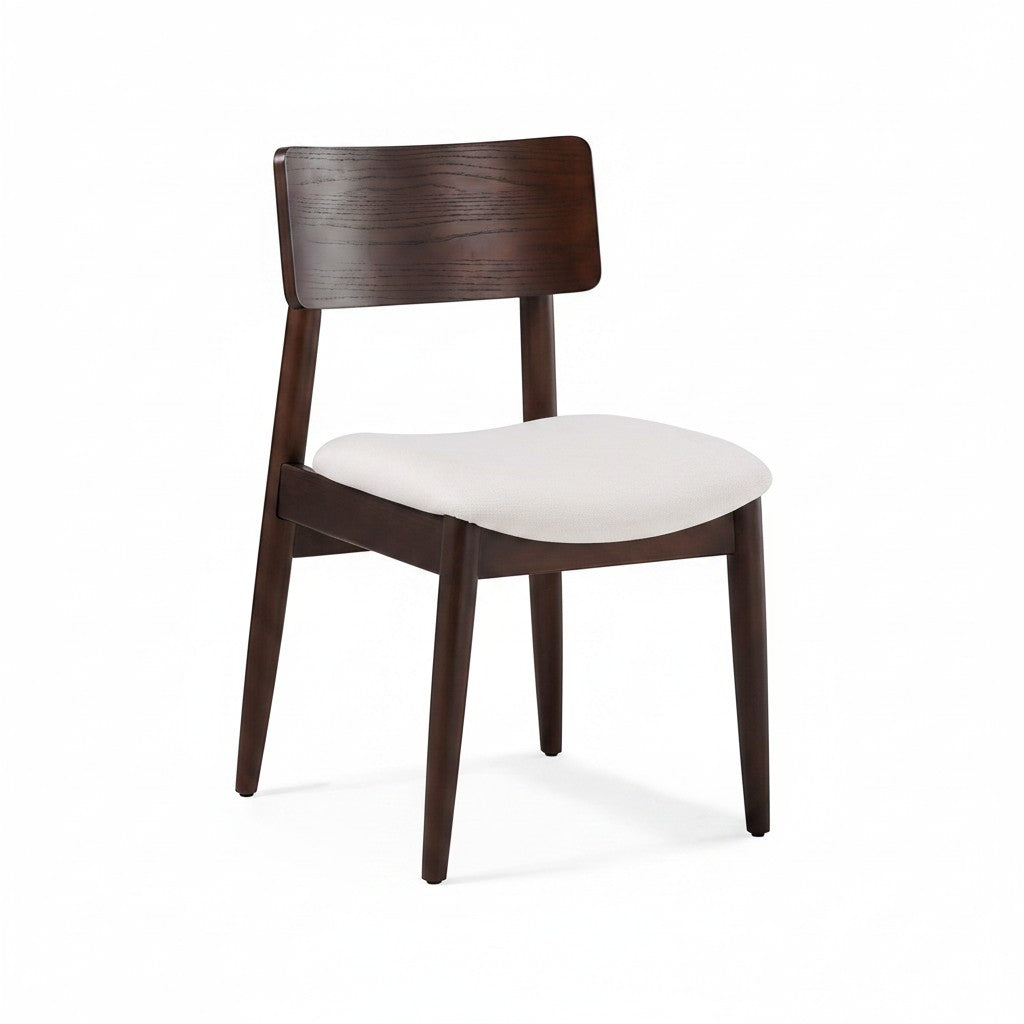 Chaise TOCO Meubles en bois foncé avec assise blanche rembourrée, design moderne et épuré.