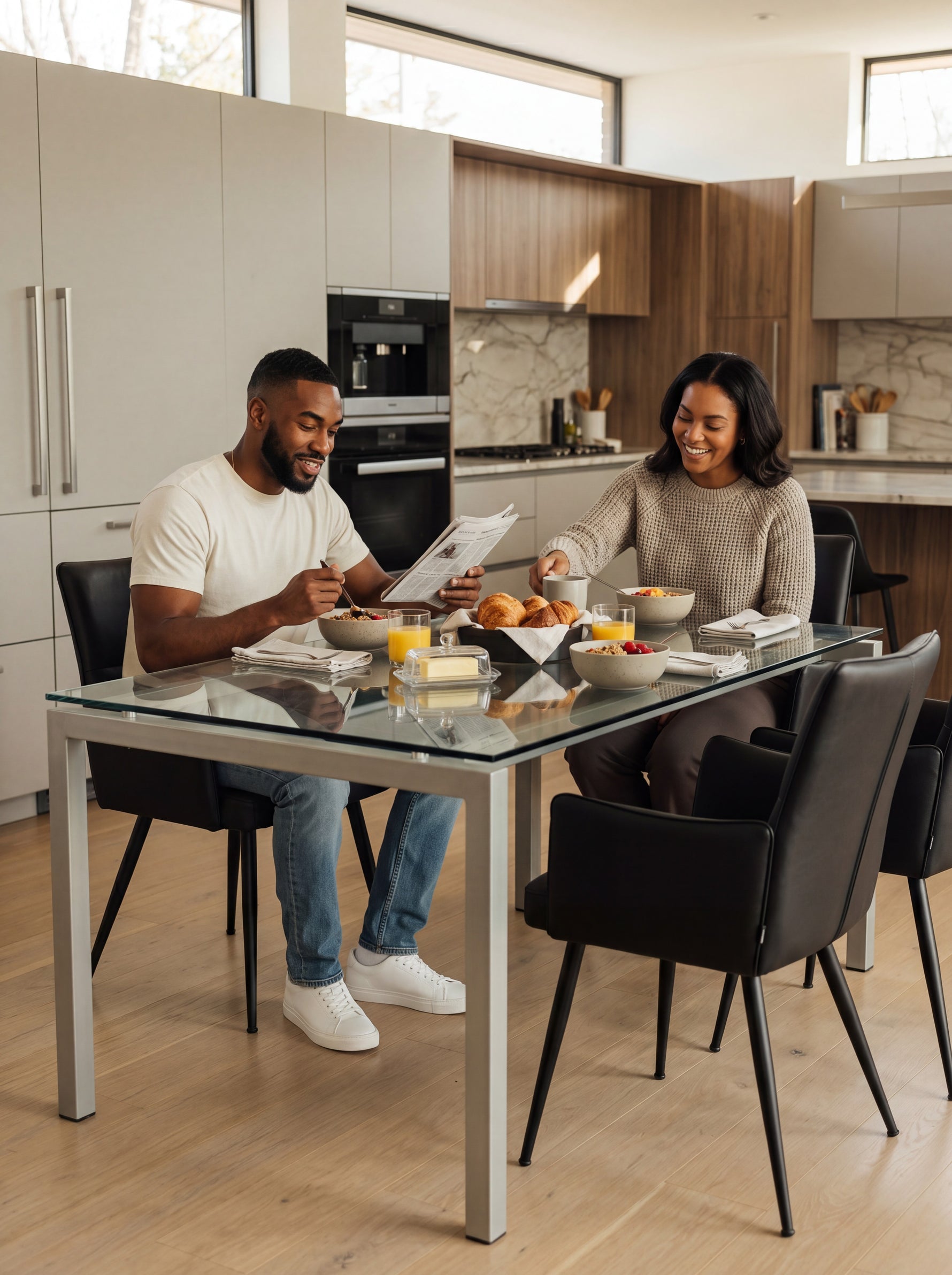 Couple prenant le petit-déjeuner sur des chaises de salle à manger Néo noires avec accoudoirs chez TOCO Meubles