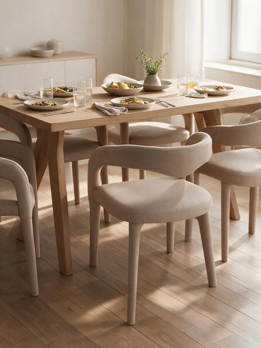 Chaise de salle à manger Ady beige par TOCO Meubles avec dossier courbé et assise rembourrée autour d'une table en bois
