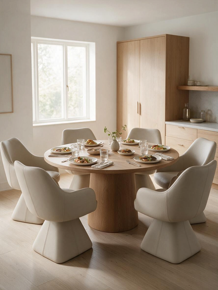 Chaise de salle à manger Capry beige en similicuir avec siège pivotant autour d'une table ronde chez TOCO Meubles