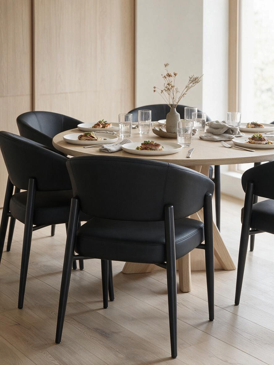 Chaise de salle à manger Bronso TOCO Meubles en similicuir noir avec dossier courbé autour d'une table ronde en bois