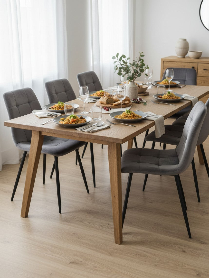 Chaise de salle à manger Élio par TOCO Meubles en velours gris avec pieds en métal noir autour d'une table en bois