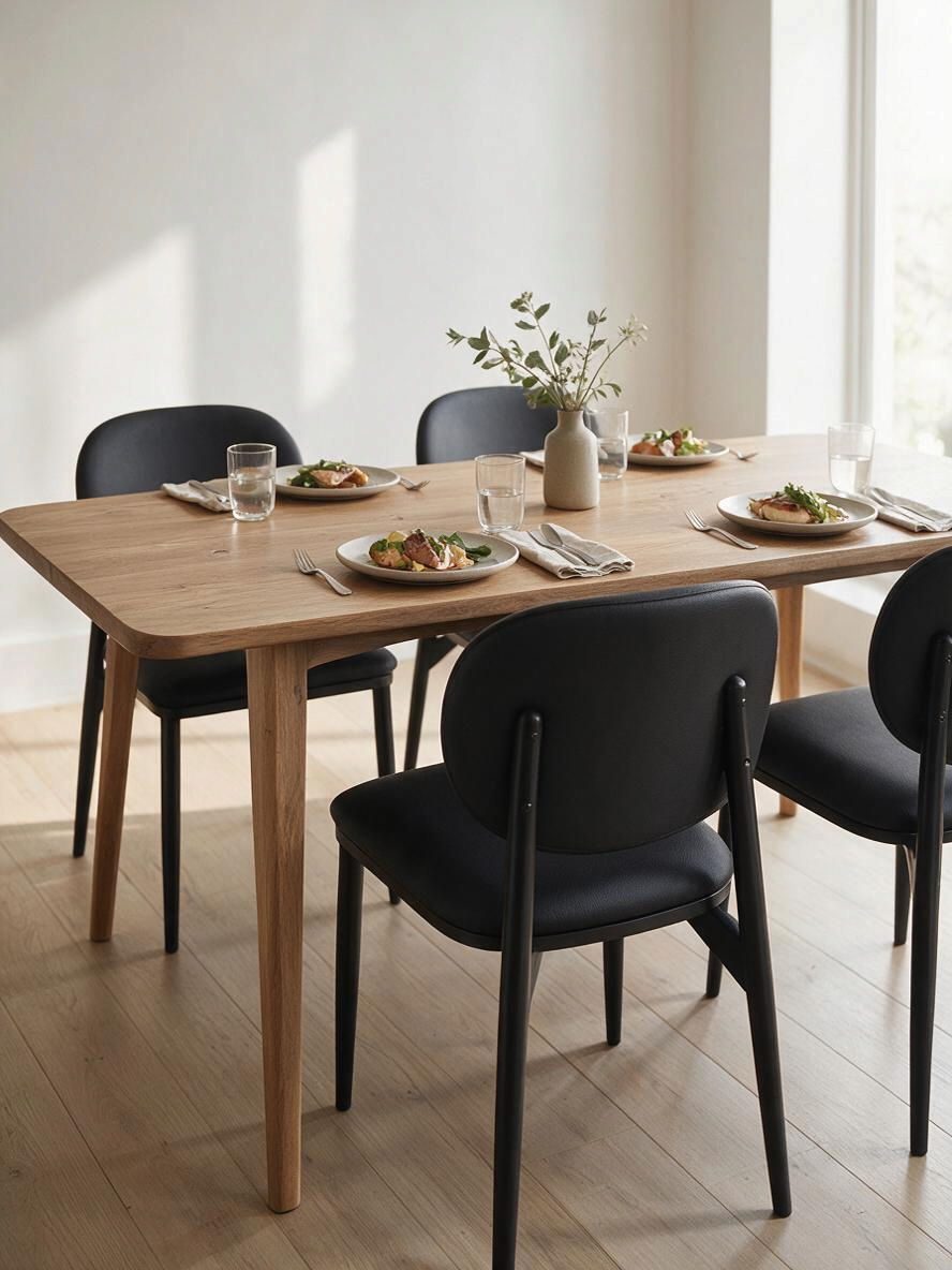 Chaises de salle à manger Gidéo noires en similicuir avec structure en métal noir mat autour d'une table TOCO Meubles