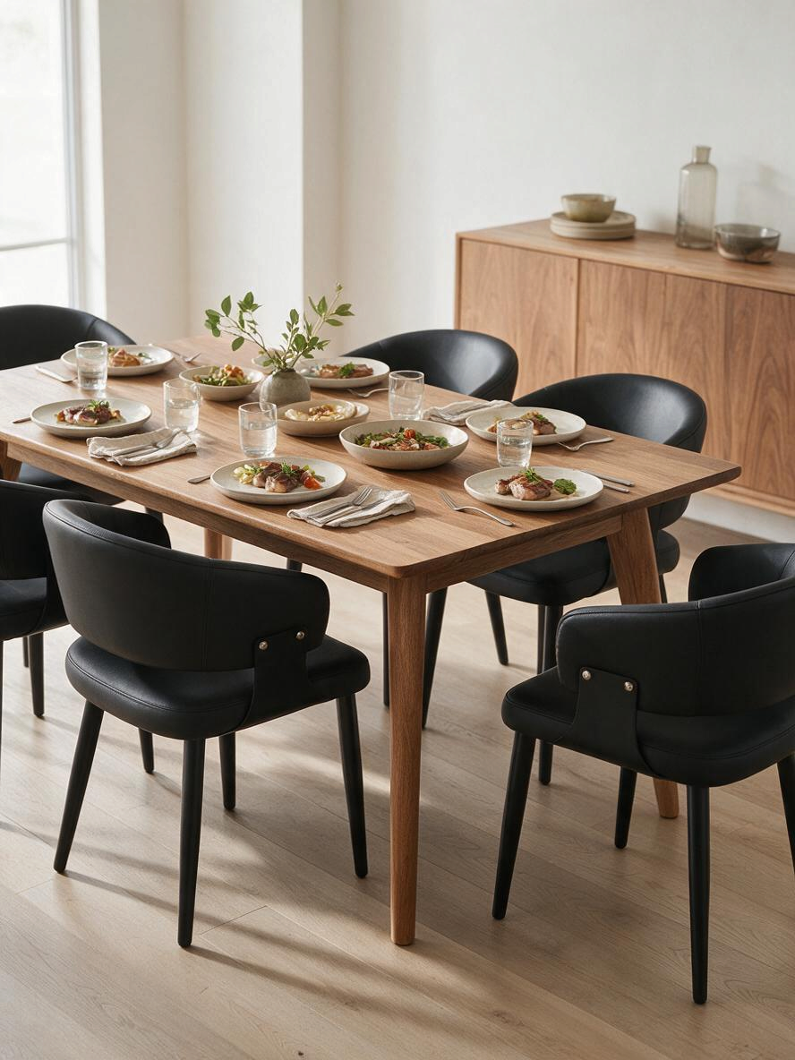 Ensemble de salle à manger TOCO Meubles avec chaises Loany noires en similicuir autour d'une table en bois naturel