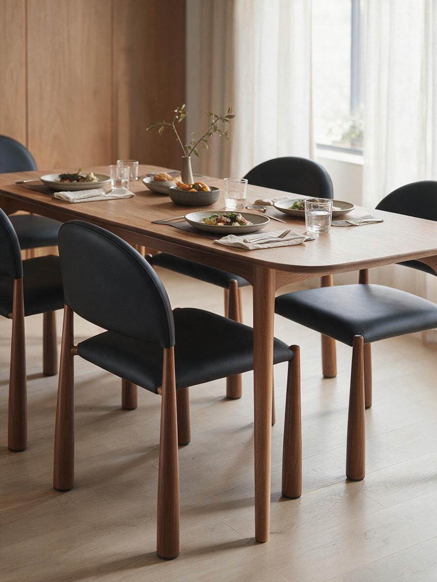 Chaise de salle à manger Ogi par TOCO Meubles en similicuir noir avec pattes en bois style noyer autour d'une table