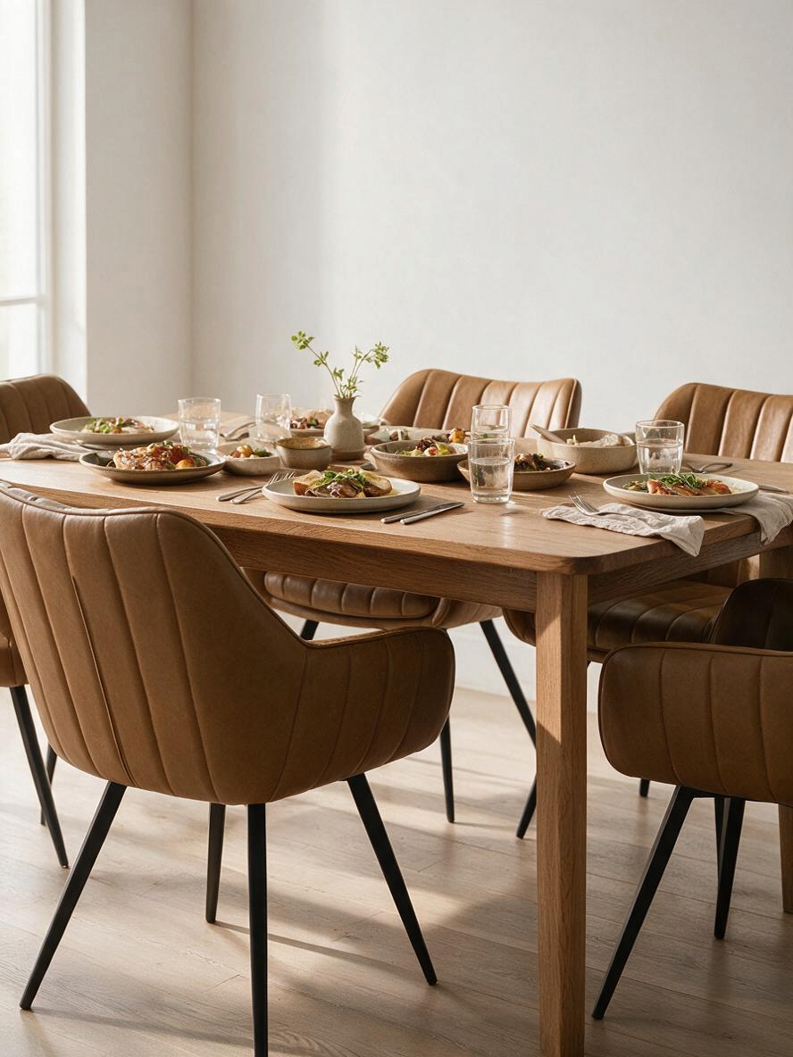 Chaise de salle à manger Talo TOCO Meubles en similicuir cognac avec dossier capitonné et pieds en métal noir
