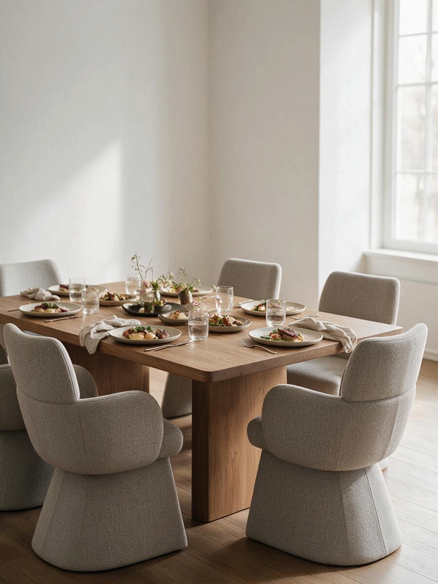 Chaises de salle à manger Tani TOCO Meubles en tissu bouclé beige avec dossier courbé autour d'une table en bois
