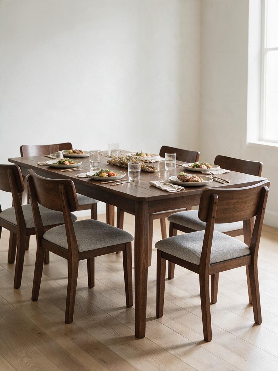 Ensemble de salle à manger TOCO Meubles avec chaises Tavio en bois brun et sièges rembourrés gris style rétro