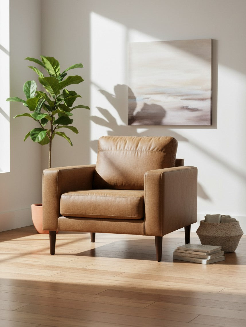 Chaise Telora TOCO Meubles en cuir caramel avec pieds en bois foncé dans un salon lumineux et moderne