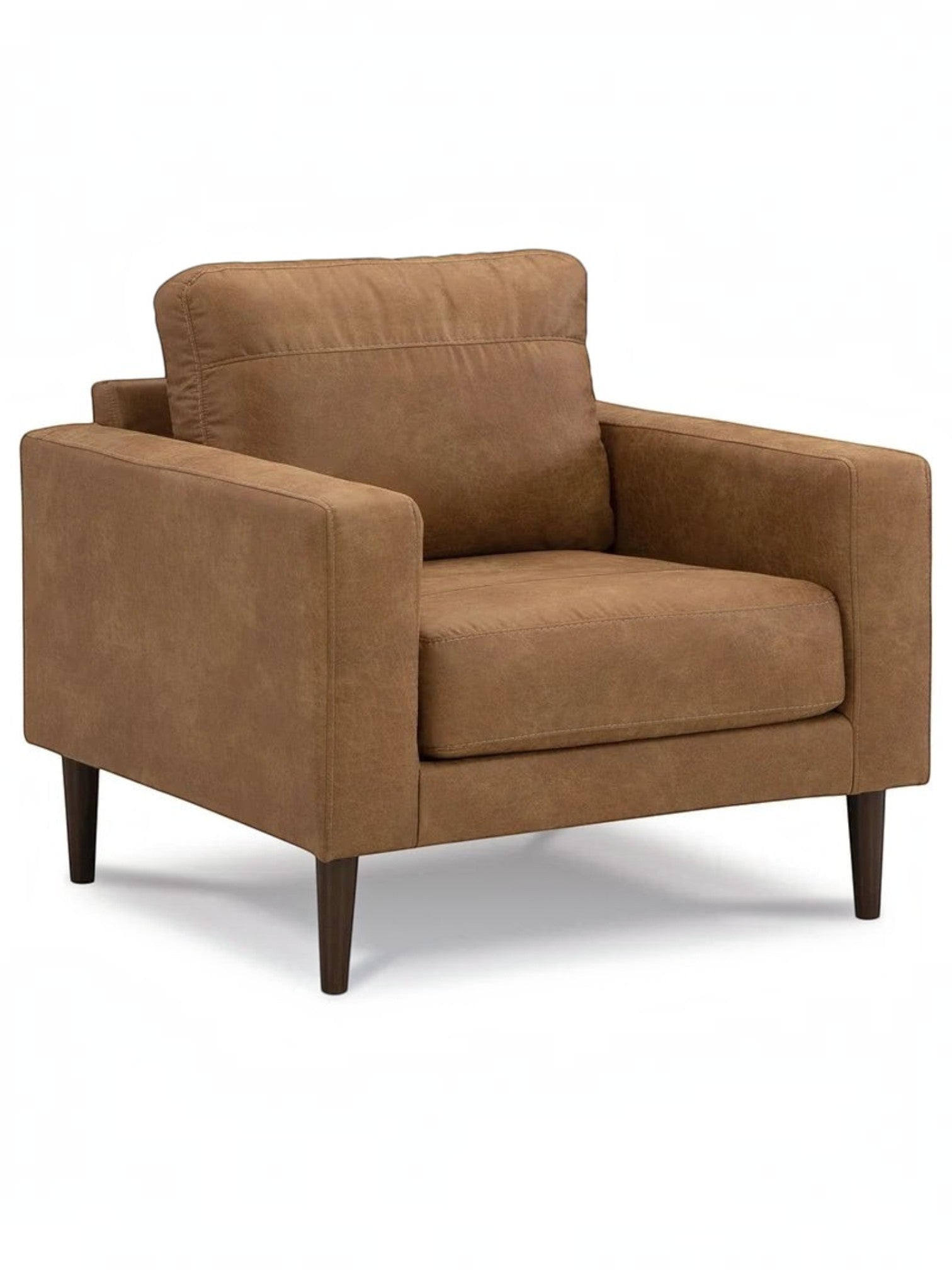 Chaise Telora TOCO Meubles en similicuir caramel avec accoudoirs larges et pieds en bois foncé