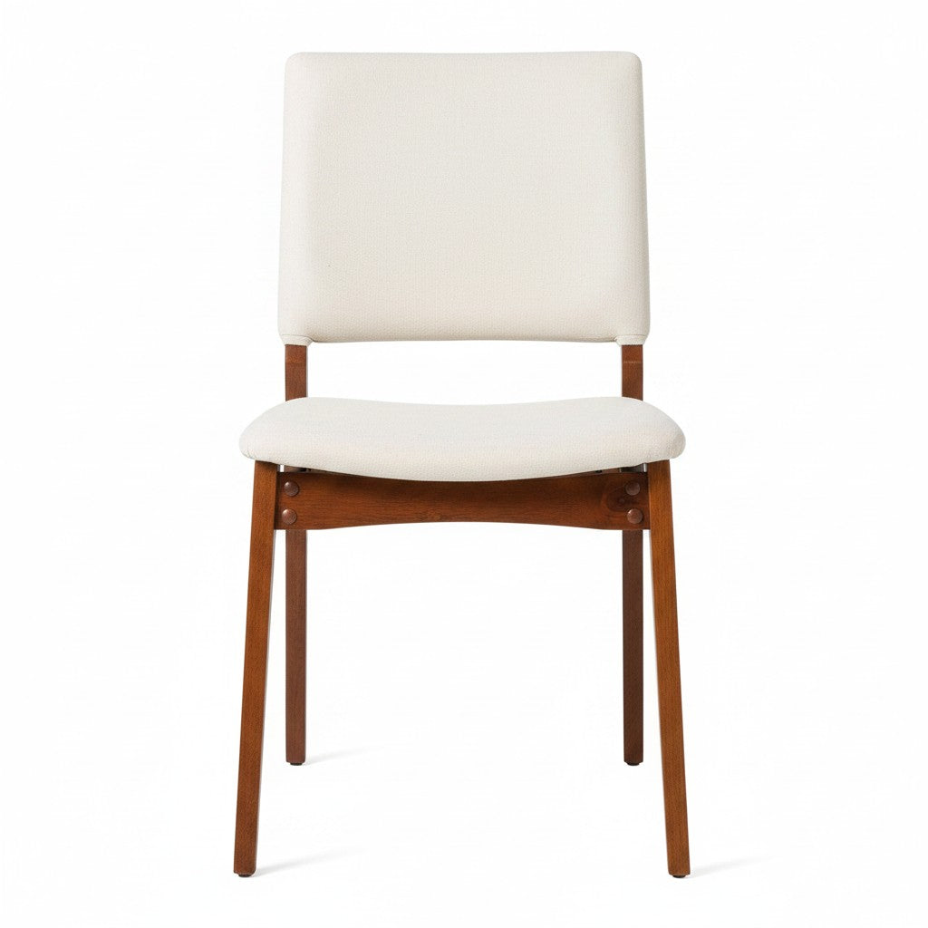 Chaise TOCO Meubles Transformer en noyer américain avec tissu crème, assise et dossier rembourrés, pieds en bois.