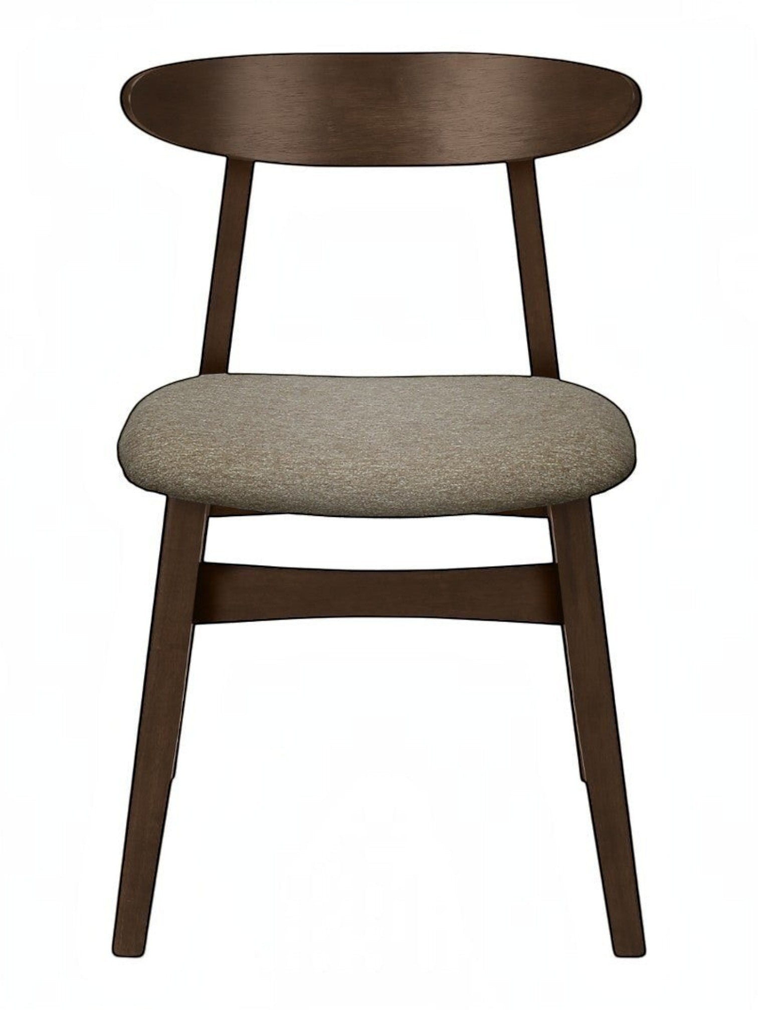 Chaise de salle à manger TOCO Meubles Venice en bois massif foncé avec assise rembourrée en tissu gris texturé.