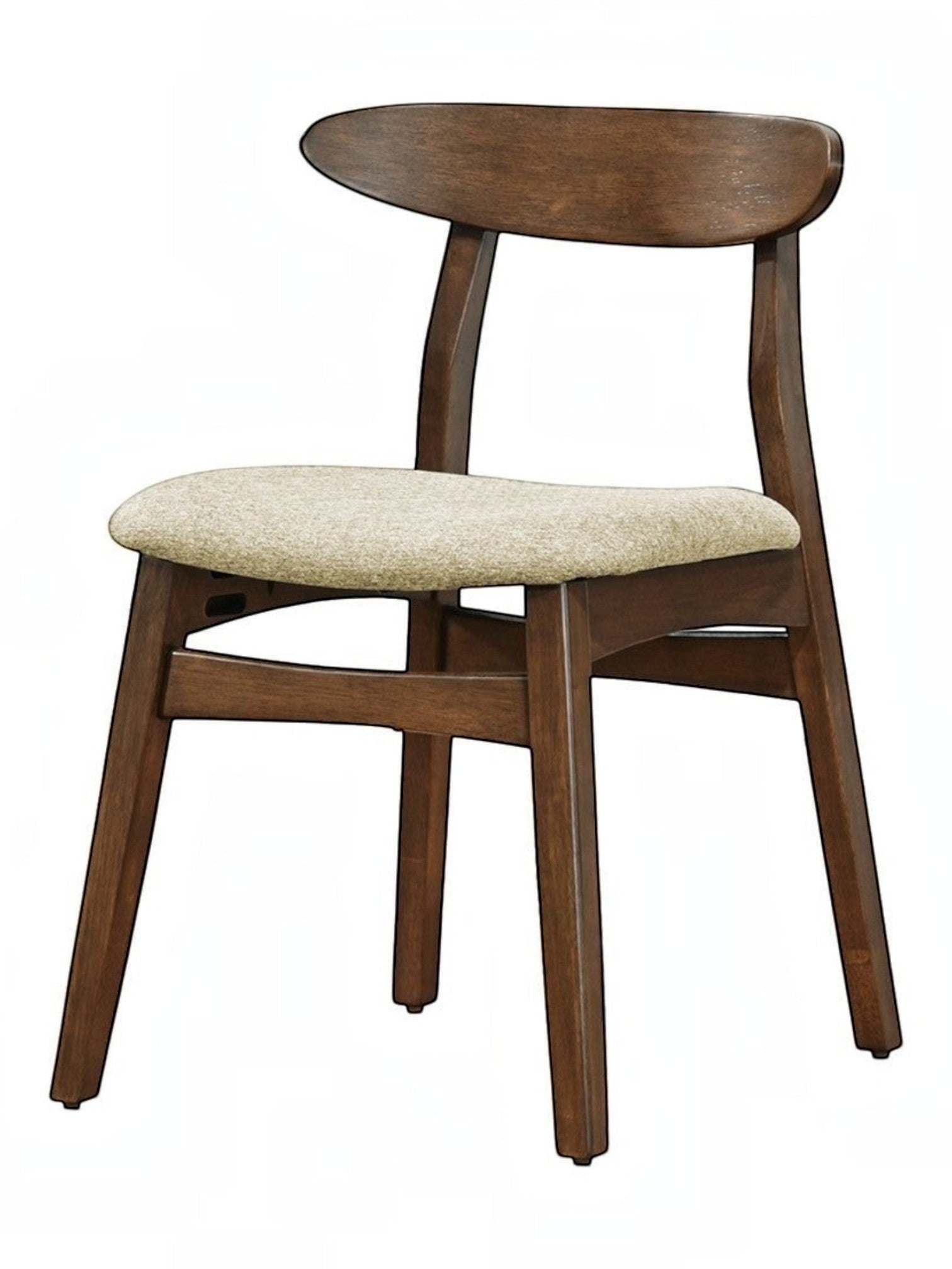 Chaise de salle à manger TOCO Meubles Venice en bois massif foncé avec assise rembourrée en tissu beige texturé.