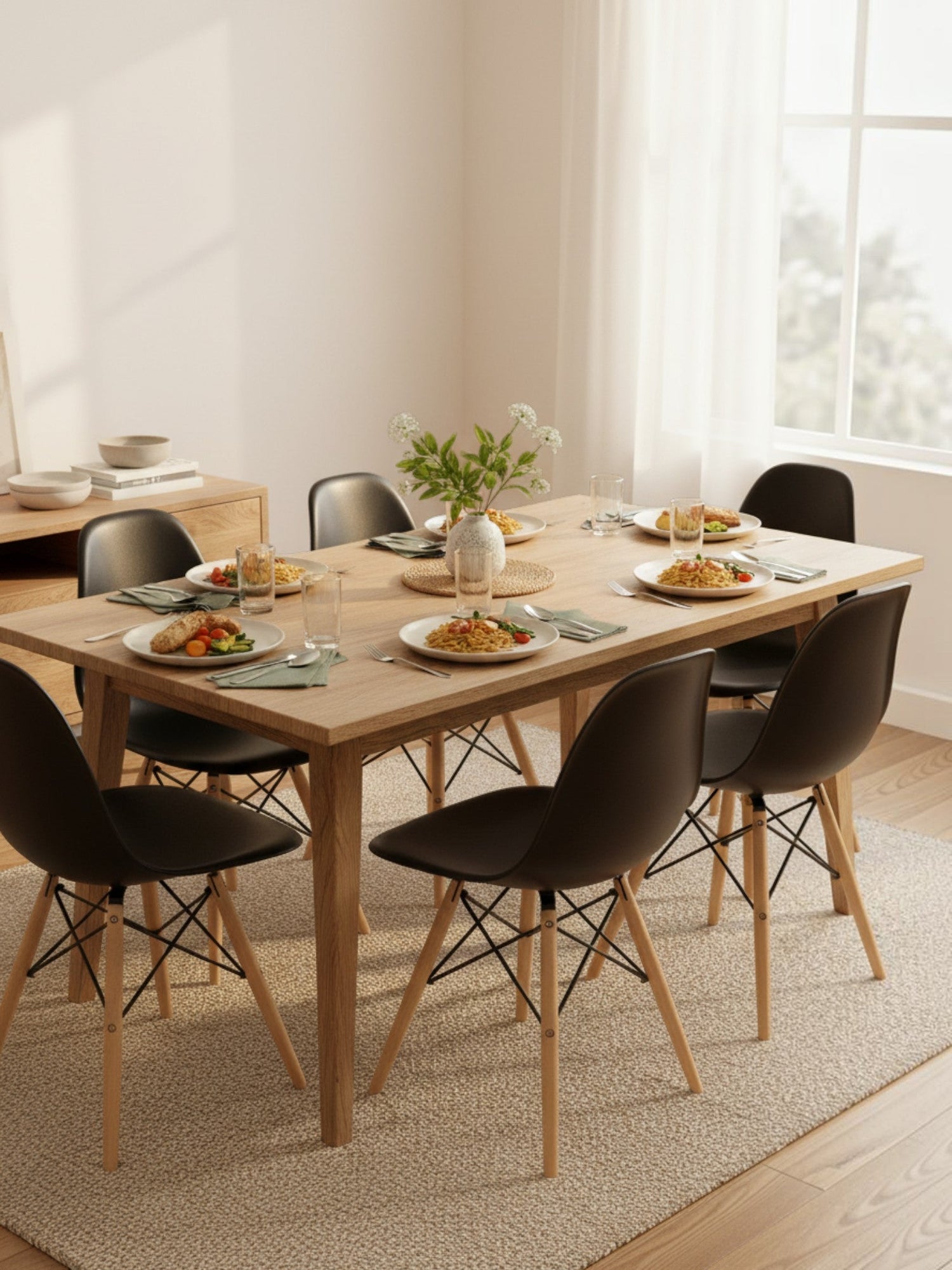 Salle à manger TOCO Meubles avec chaises Zéphyr noires, pieds en bois et table en chêne clair dans un décor épuré.