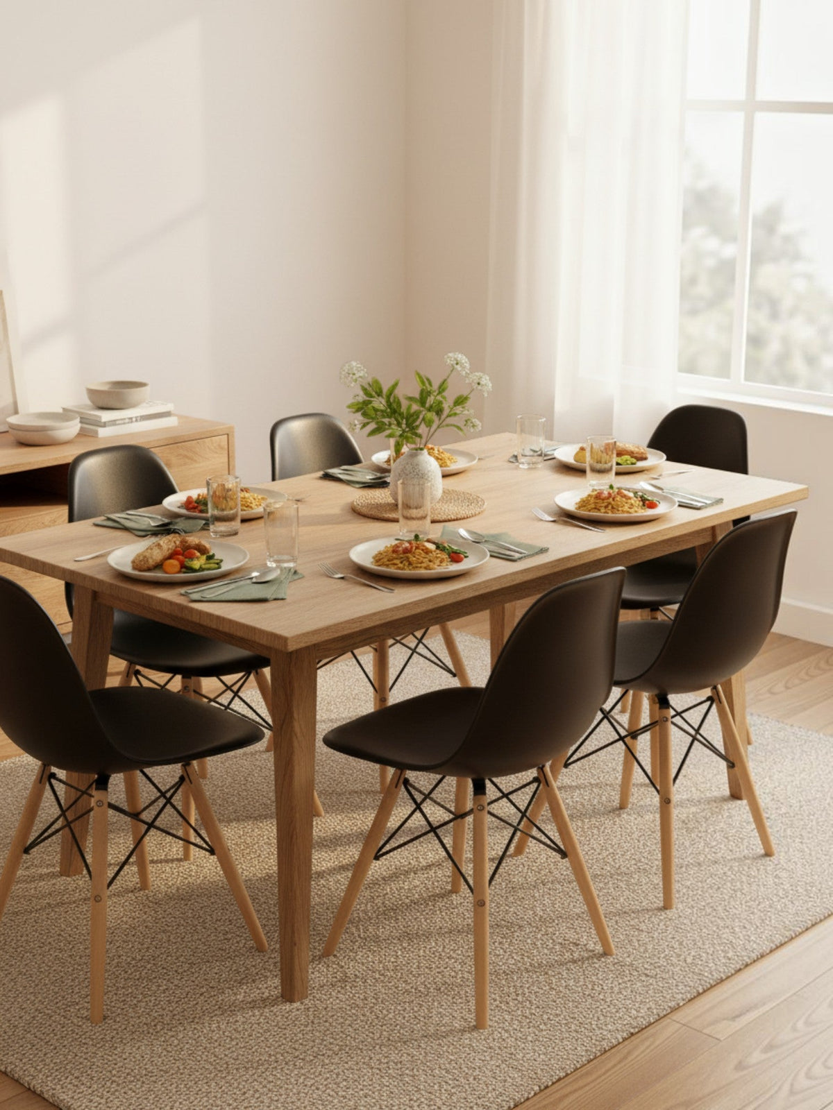 Salle à manger TOCO Meubles avec chaises Zéphyr noires, pieds en bois et table en chêne clair dans un décor épuré.