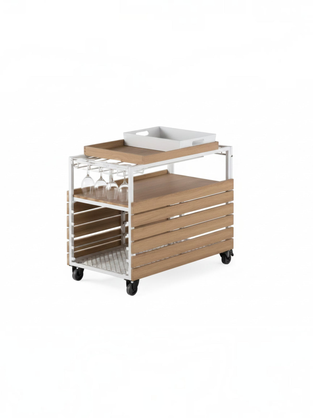 Chariot de bar d'extérieur TOCO Meubles en bois clair et métal blanc avec roulettes et support à verres