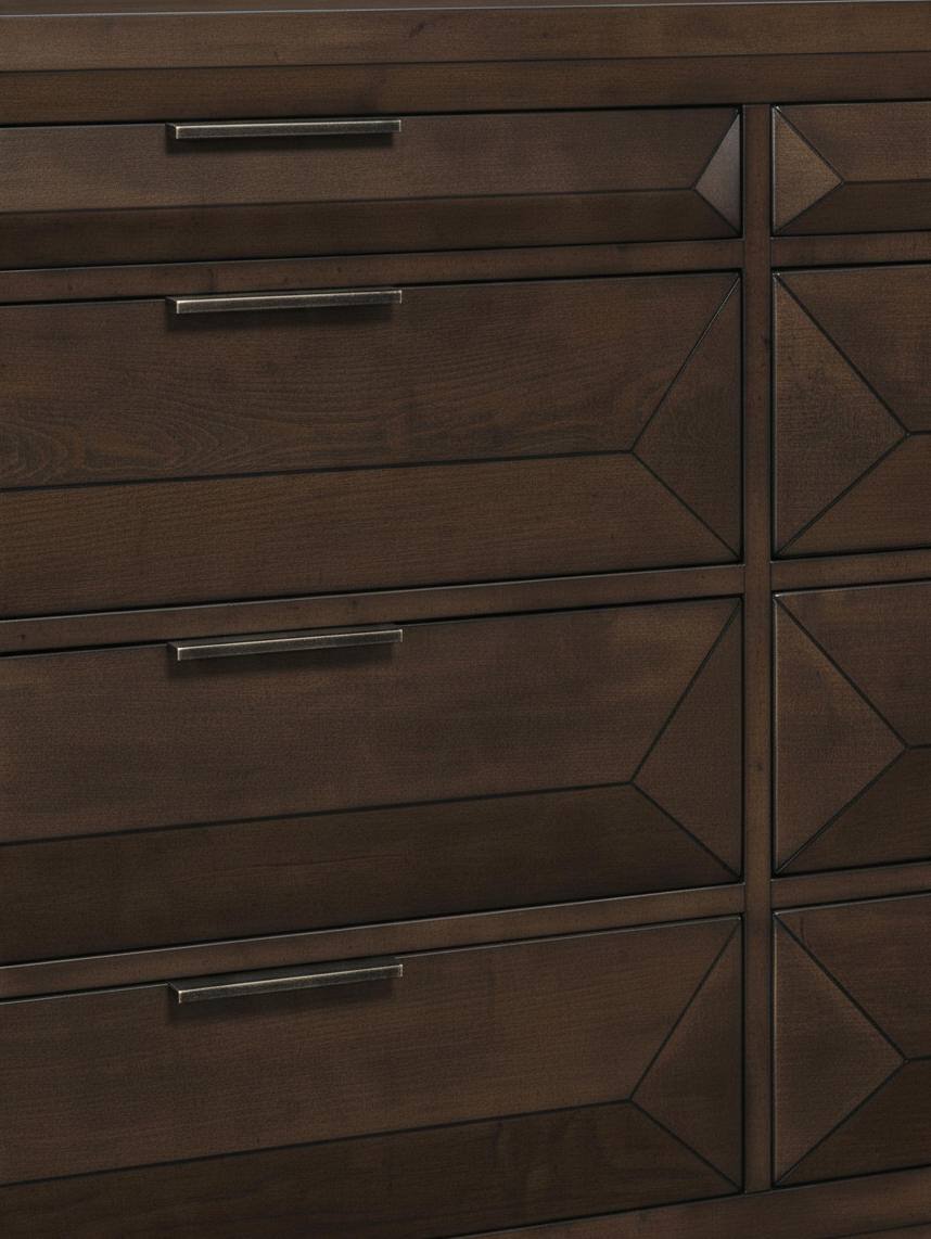 Commode double Basile TOCO Meubles en placage de bouleau fini espresso avec huit tiroirs et poignées bronze foncé