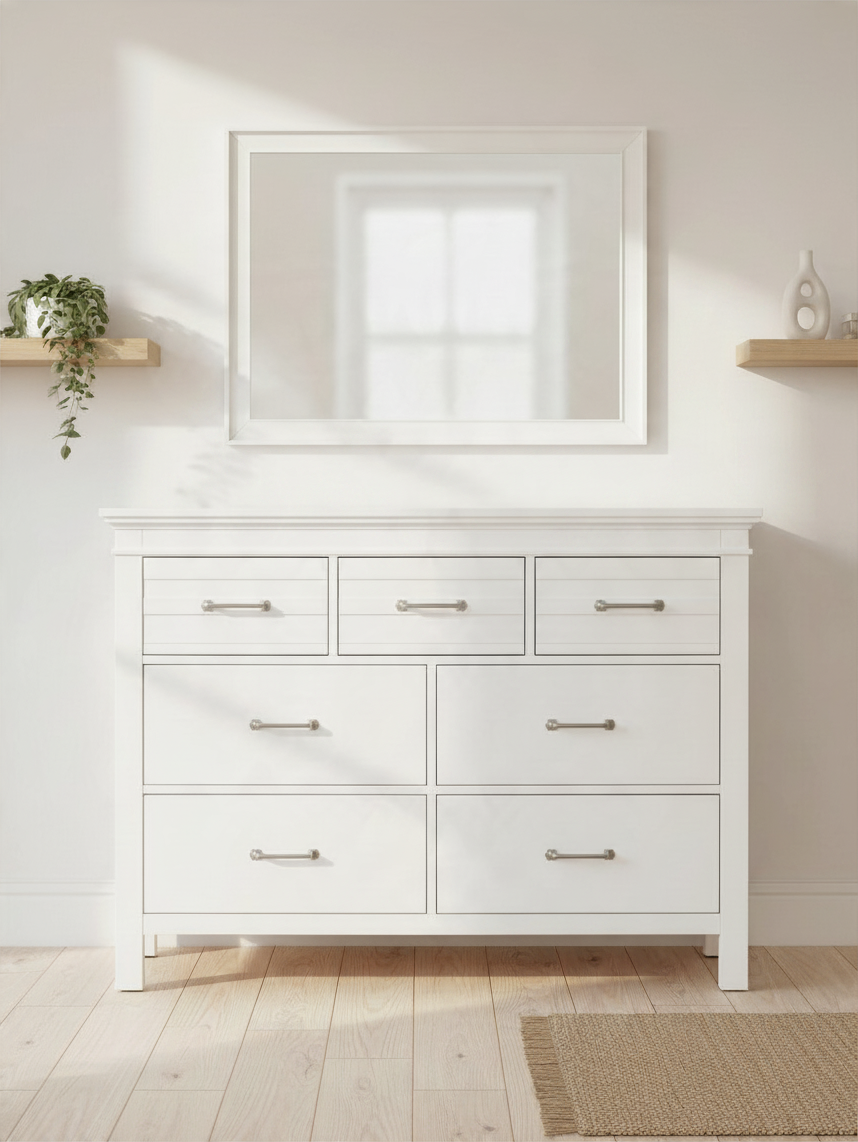 Commode double blanche Rosalie de TOCO Meubles avec sept tiroirs et poignées en chrome poli sous un miroir assorti